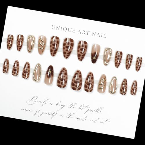 LPOODDNU Brown Almond Press on Nails - Medium Leopard Fake Nails with 3D Gold&Flower Designs, Glossy Finished Reusable False Nails with Double Adhesive Glue Tabs - 24Pcs Nail Kit for Women Manicure - color: brown leopard flower