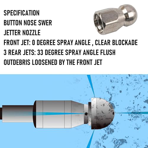 Hourleey Sewer Jetter Kit for Pressure Washer 150FT, Drain Cleaner Hose 1/4 Inch NPT, Orifice 4.0 Button Nose and Rotating Sewer Jetting Nozzle Spanner Tape Pearl Corsage Pin, 4000 PSI - size: Black-150 FT