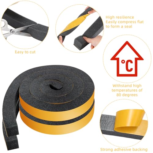 2 Rolls 1-1/2 Inch W x 1-1/2 Inch H Foam Weather Stripping with Adhesive 8 ft Foam Density Closed Cell Tape Seal for Uneven Gaps Doors Windows (Black) - color: Black