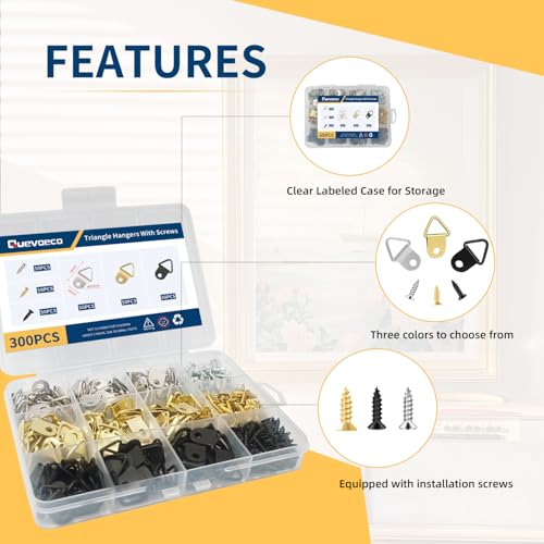 150 Pack Triangle D Ring Hangers for Picture Frame Canvas Mirror Hanging, 3-Color Gold Silver Black 50 Each, Heavy Duty Metal Picture Hanging Hardware Kit with Screws