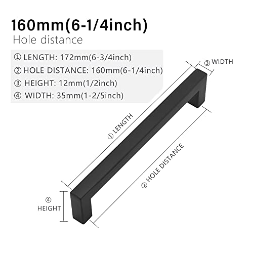 Cabinet Pulls Matte Black Cabinet Handles Square Drawer Pulls, 10 Pack 6-1/4 Inch Stainless Steel Kitchen Door Cupboard Cabinet Handles, Drawer Hardware Handles, 160mm Hole Centers - size: 6-1/4 inch Hole Centers(160mm)