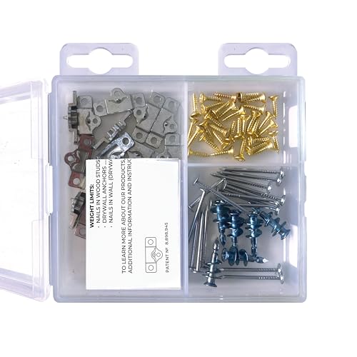 70-Piece Patented Zinc Picture Hanging Kit, Eco Pak, Hangs 8 Wooden Frames Up to 75 lbs, No Measuring Needed, Wall Picture Hangers with Tackle Box, Drywall Anchors, and Hardware - size: 8 Frames Up to 75 lbs