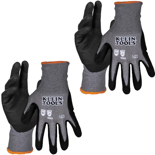 KLEIN TOOLS 60585 Work Gloves, Knit Dipped Cut Resistant ANSI A2 Nitrile Coated Gloves, HPPE Fabric, Touchscreen Capable, Large, 2-Pair - size: Large
