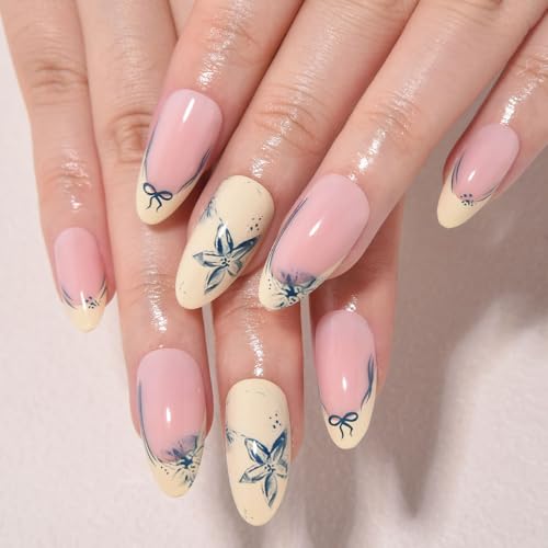 Blue French Tips Press On Nails Medium Almond, Flower Sticke On Nails, Salon Quality. Floral Designer Reusable Acrylic Fake Nails Press Ons, Spring-Summer Ready Daily Wear Press-Ons for Women - color: LF3757-Blue Flower French, size: 24 Pieces (Pack of 1)