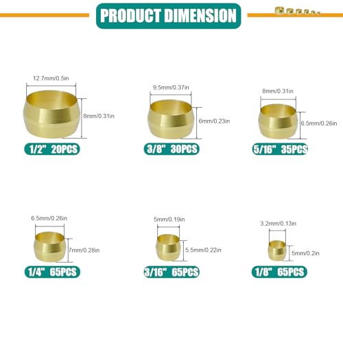 280PCS Brass Compression Sleeves Ferrules, Compression Fitting Ferrule Kit | 6 Sizes 1/2" 3/8" 5/16" 1/4" 3/16" 1/8" Tube OD for Air Water Fuel Oil and Inert Gases Line Repair - color: 280PCS Sleeves Ferrules