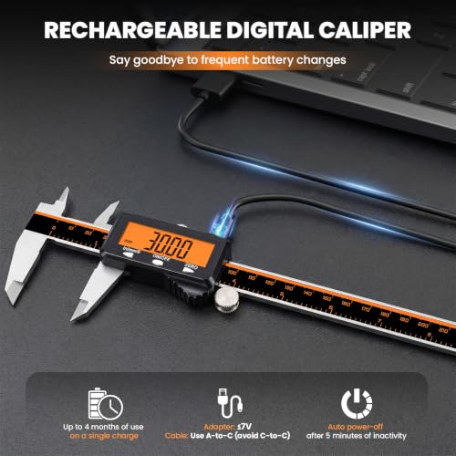HARDELL Digital Caliper 8" USB-C Charging – Orange Display, Non-Backlit - size: 8 Inch
