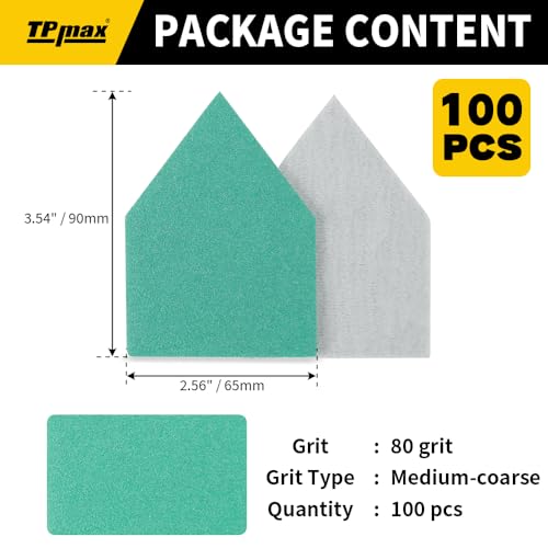 TPmax 100 Pack 90x65mm Detail Sander Sandpaper 80 Grit Compatible with Milwaukee M12 Heavy Duty Hook & Loop Anti Clogging Polyester Film Sheets - size: 80 Grit