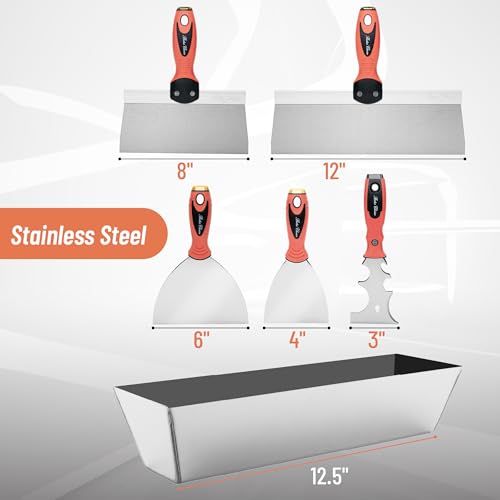 Bates- Drywall Hand Tool Kit, 6pcs, 3" 4" 6" 8" 12", Stainless Steel Drywall Tool with Metal Hammer End, Putty Knife Set, Taping Knives, 12.5" Mud Pan for Joint Taping, Finishing and Patching - color: Orange
