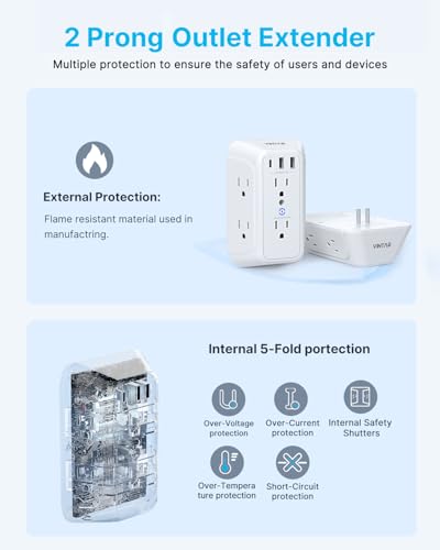 VINTAR 2 Prong to 3 Prong Outlet Adapter, 6 Outlet Extender with 3USB Ports - style: A4: 1 Pack - 6AC+2A1C