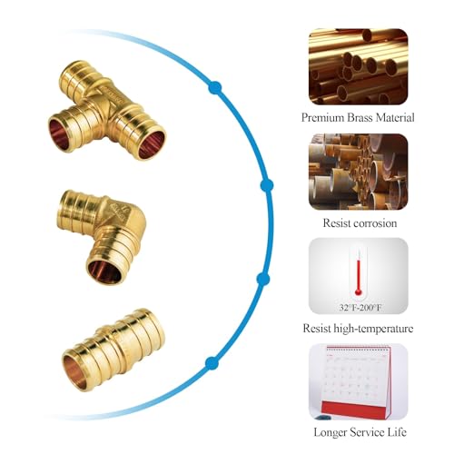 WiseWater 60 Pcs Pex Fittings, 1/2 inch T PEX Tee(20PCS) & 90 Degree Elbow & Straight Coupling, Brass Barb Crimp Pipe Fitting for Pex Pipe(Pack of 60), UPC Certified - size: ZH61902(1/2" PEX FITTINGS 60pk)