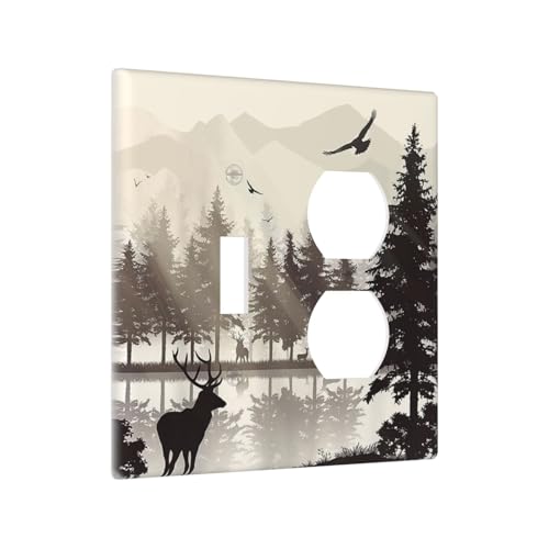 Retro Rustic Deer Forest Lake Pine Tree Silhouette Wallplates 1 Toggle 1 Duplex Switch Plate Electrical GFCI Faceplate Decorative Light Switch Covers for Farmhouse Living Room Decor - color: Retro Rustic Deer Forest Lake Pine Tree Silhouette, size: 1 Togg