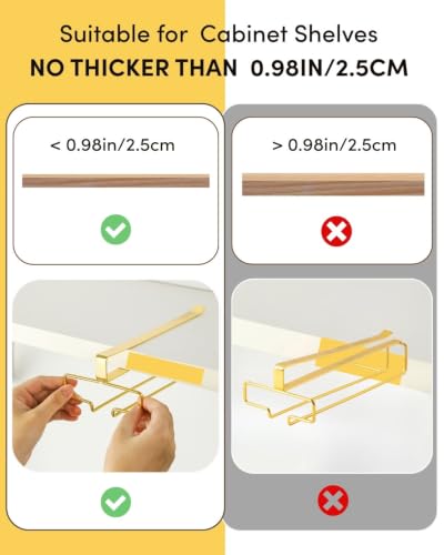 LINFIDITE Gold Under Cabinet Wine Glass Holder, 2 Pack, Space Saving, Easy Installation, Anti-Skid, Compact Design, Sturdy Materials, Affordable Gift - color: Gold, size: Shelf Thickness Under 0.98in