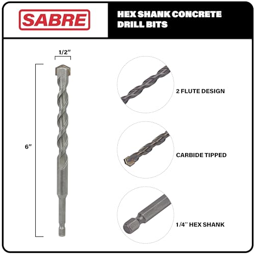1/2 Inch x 6 Inch Masonry Drill Bit, Carbide Tipped 2-Pack for Concrete, Brick, Stone, 1/4” Hex Shank, Impact Performance (1/2" x 6", 2) - size: 1/2" x 6"