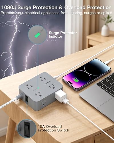 HANYCONY 6Ft Surge Protector Power Strip USB C, 1080J, 8 Outlet Extender - color: Gray, size: 6ft