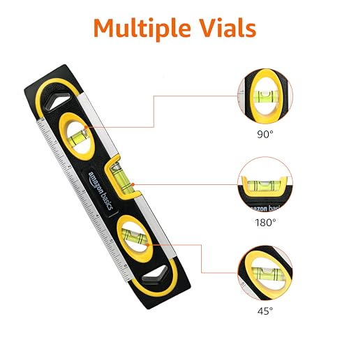 Amazon Basics 9-Inch Magnetic Torpedo Level and Ruler, Easy to Use, 180/90/45 Degree Bubbles, Lightweight, Black