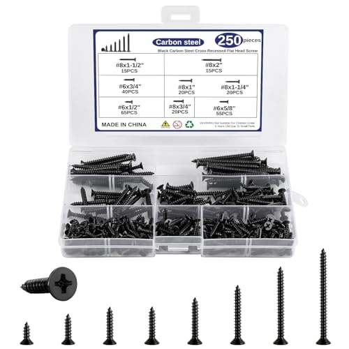 250Pcs Wood Screws Assortment Kit, #6#8 Black Screws, Cross Recessed Flat Head, Wood Screws, Assorted Screws, Screw Set (2", 1-1/2", 1-1/4", 1", 3/4", 5/8", 1/2")