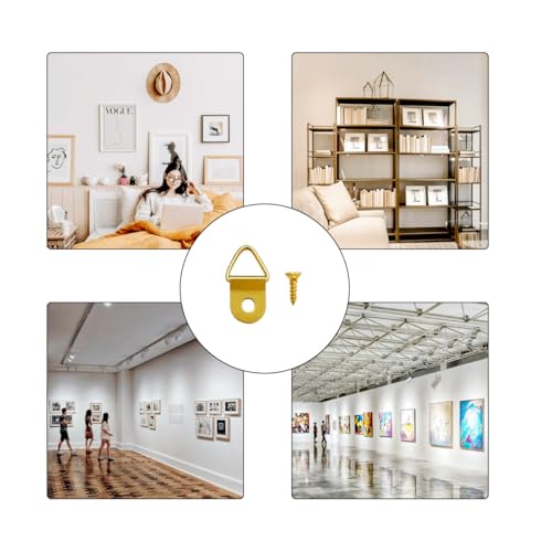 100 Pieces Small Triangle Ring Steel Picture Hangers with 100 Pieces Screws - color: Gold