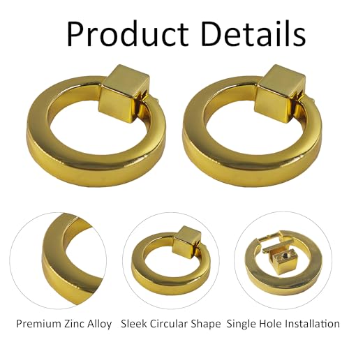 4Pcs Gold Zinc Alloy Cabinet Ring Knobs, Modern Round Drawer Pulls with Mounting Screws, Single Hole Dresser Handles for Kitchen Furniture, Wardrobe and Bathroom Hardware - color: Gold