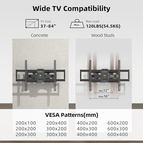 Full Motion TV Wall Mount for Most 37"-84" Flat Screen TV, Swivel or Tilt TV Wall Bracket with Dual Articulating Arms, for 12"-16" Wood Studs, Max VESA 600x400mm, Load 120 lbs by USX MOUNT - size: 37-84 inch, 120 lb