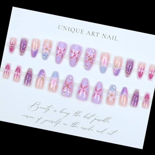 LPOODDNU Purple Pink Press on Nails Almond - Medium 3D Embossed Flower Fake Nails with Pearl Designs, Glossy Finished Reusable False Nails with Adhesive Glue Tabs - 24Pcs Nail Kit for Women Manicure - color: purple pink flower