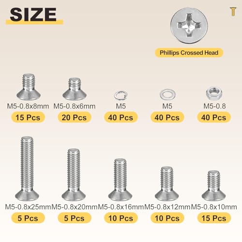 METALLIXITY M5-0.8 200Pcs Countersunk Machine Bolt W/Nut&Washer Set | 304 Stainless Steel,Phillip Flat Head Machine Screw with Hex Nut Flat Washer Spring Washer Kit,For Installment DIY - size: M5-0.8