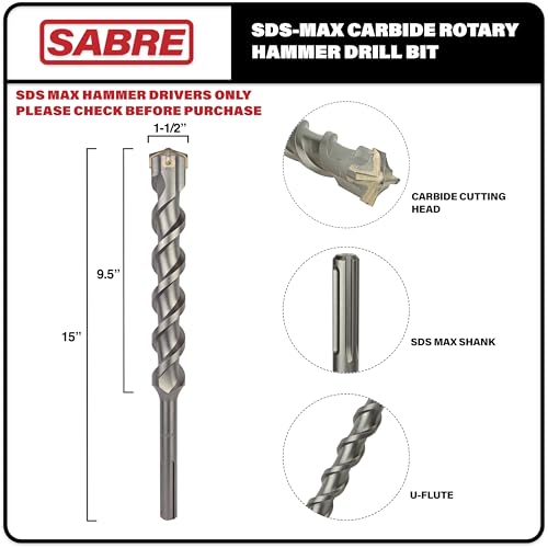 1-1/2 Inch x 15 Inch SDS MAX Rotary Hammer Drill Bit, U-Flute, Carbide Tipped for Brick, Stone, Concrete SDS MAX Drivers ONLY (1-1/2inches x 9.5inches x 15 - size: 1-1/2" x 15"