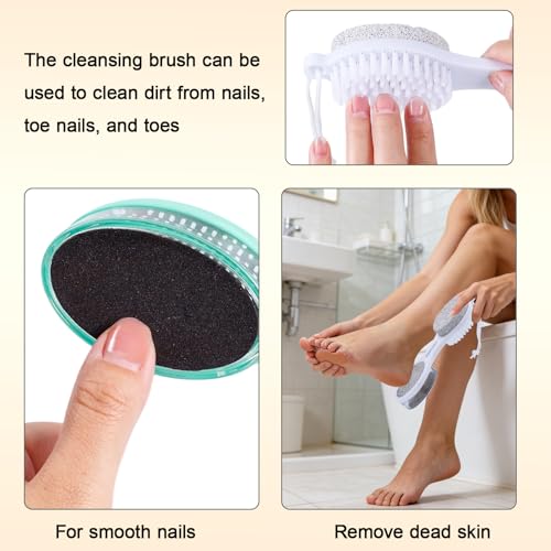 Foot File Callus Remover 5-in-1, 2 Pcs Feet Scraper Pedicure Tools with Pumice Stone, Scrubber Brush, Stainless Steel Foot Rasp and Sand Paper Debris Catcher, Multi Purpose, Cyan - color: Cyan Cyan