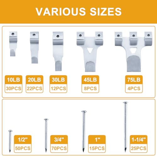 KURUI 303Pcs Picture Hanging Kit, Picture Hangers Assorted Kit with Heavy Duty Wall Hooks, Sawtooth, Picture Wire, D Rings, Hardware Nails, Eye Hooks, Silver Heavy Duty Frame Hooks - size: Silver