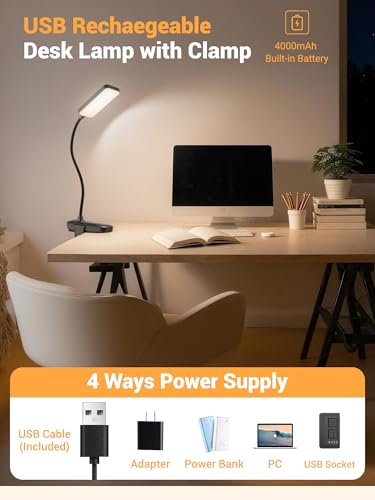 Clip on Light,9 Brightness+5 Color Rechargeable Lamp,48 LED Small Desk Lamp - color: Black