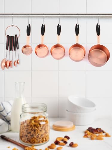Joyhill Copper Measuring Cups and Spoons Set of 10 Piece, Stainless Steel Nesting Measuring Cup Set with Soft Touch Silicone Handles for Dry and Liquid Ingredients - color: e)Rose gold-Black