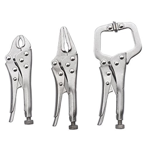 MacWork 3Pcs Mini Locking Plier Set, 4.5in Round Curved Jaw, 5in C-clamp, 5in Long Nose for Grip, Clamp, and Secure
