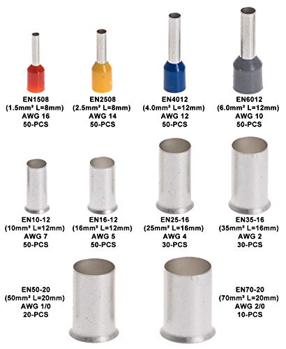 10-Sizes 16 14 12 10 8 6 4 2 1/0 2/0 Gauge Copper Wire Ferrules Assortment Kit Matte Tin Plating Pin Ferrules(390PCS KIT)