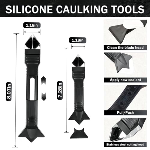 Caulk Remover Tool Set 3 in 1, Silicone Caulking Tool & Sealant Smoothing with 5 Interchangeable Pads, Non-Slip Push-Pull Design – for Bathroom, Kitchen, Tile,bathroom, Window, Sink