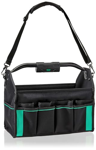 Amazon Basics Tool Bag Organizer with LED Light, 30 Pockets, Adjustable Shoulder Straps, Portable, Black - size: Tool Tote