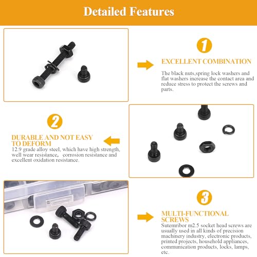 705 Pieces M2.5 Screws Nuts Washers Set Black, Sutemribor M2.5 x 4/6/8/10/12/16/20mm Hex Socket Head Cap Screws Nuts Washers Assortment Kit, 12.9 Grade Alloy Steel, Fully Threaded - size: M2.5 x 4/6/8/10/12/16/20mm Kit, style: Socket Head