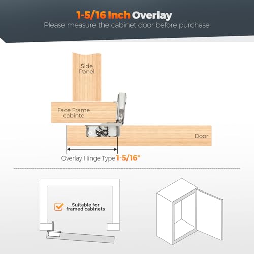 Satin Nickel Cabinet Hinges 1-1/2 Inch Overlay 10 Pack(5 Pairs) | Stainless Steel Build, Soft Close Concealed Hinge, 3D Self-Closing Adjustment, Face Frame Door Fit, Kitchen Cabinets - size: 1-5/16 inch Overlay