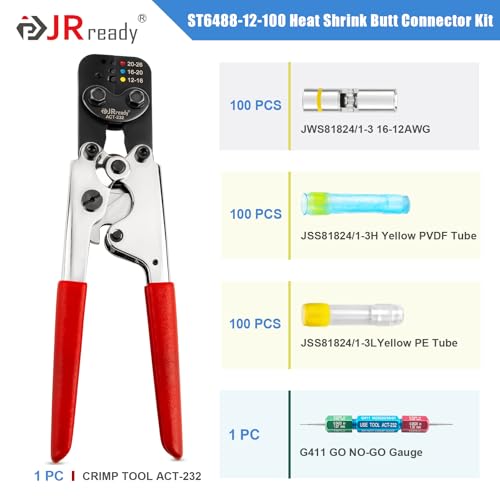 JRready ST6488-12-100 M81824/1 Series Waterproof Heat-Shrinkable Splice Kit 100Sets Butt Crimp Splices16-12AWG with PVDF Tubes Butt Splice Connectors with ACT-232 Crimp Tool G411 Go-No Go Gauge - color: 12#Yellow-100Sets
