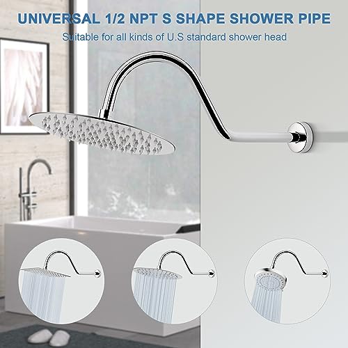 S Shaped Shower Arm, High Rise Shower Head Extension Pipe Standard 1/2" Connection with Flange, Awesome Shower Experience-Stainless Steel Bathroom Accessory(16 Inch J-S Shape, Chrome Finish) - color: Chrome Finish, style: 16" J Shape