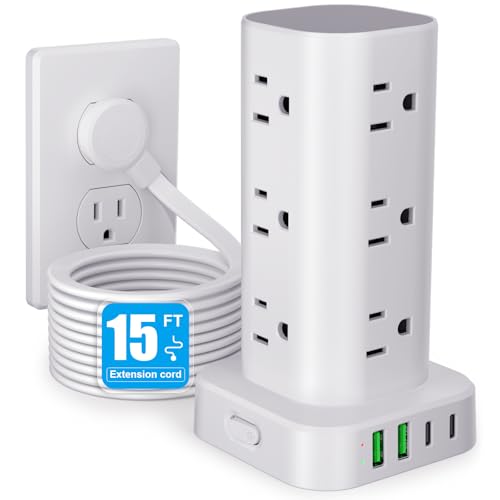 15FT Power Strip Tower Surge Protector, 12 Wide Spaced Outlets, 4 USB - color: White, size: 15FT without Wireless Charging