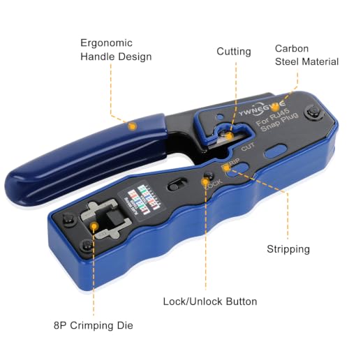 RJ45 Crimp Tool Kit Pass Thru Ethernet Crimper for Cat5e Cat6 Cat6a 8P8C Modular Connectors, All-in-One Cat6 Crimping Tool and Tester(9V Battery Not Included)