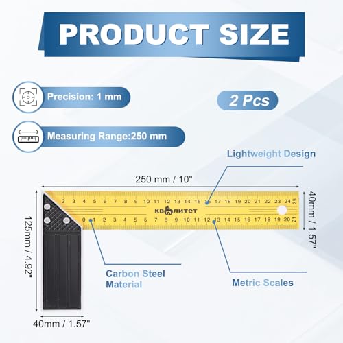 HARFINGTON 2Pcs Woodworking Square Ruler 10" Carbon Steel Try Square Metric Precision Framing Carpenter Tool Right Angle Ruler with Aluminium Handle for Professional Carpentry, Yellow Black - size: 10"