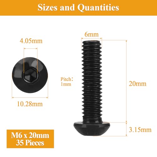 35 Pieces M6 x 20mm Button Head Socket Cap Screws, Thread Pitch 1.0mm, Sutemribor M6 Black Screws, 10.9 Grade Alloy Steel, Black Oxide Finish, Fully Threaded - size: M6 x 20mm, style: Button Head
