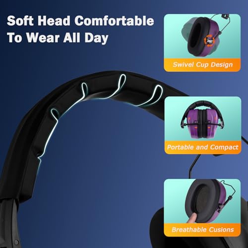 Safety Earmuffs for Ear Protection SNR 29 dB Noise Cancelling Ear muff Shooting Hunting Construction Noise Reduction - color: Purple