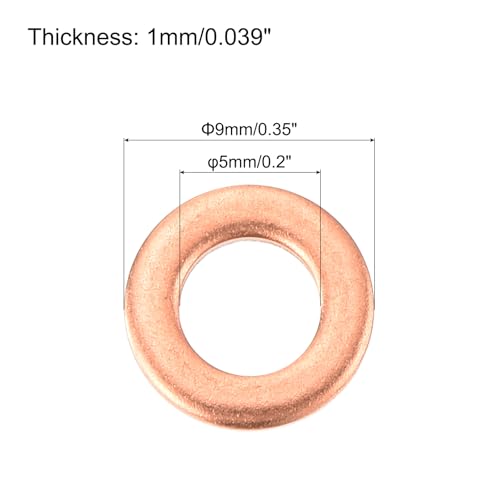 MECCANIXITY 52 Pcs Flat Copper Washers, 5x9x1mm Copper Upgraded Flat Metric Sealing Crush Ring Washers for Hydraulic Fittings Screw Bolt Nut Electronic Repair - size: 5x9x1mm