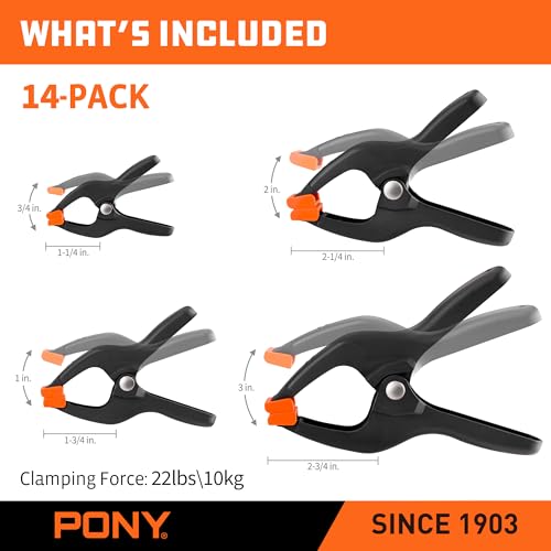 PONY 14-Piece Spring Clamp Set, Nylon Spring Clamps - size: Mixed Size Set (3-5/8", 4-1/2", 6-1/8", 7-1/2")