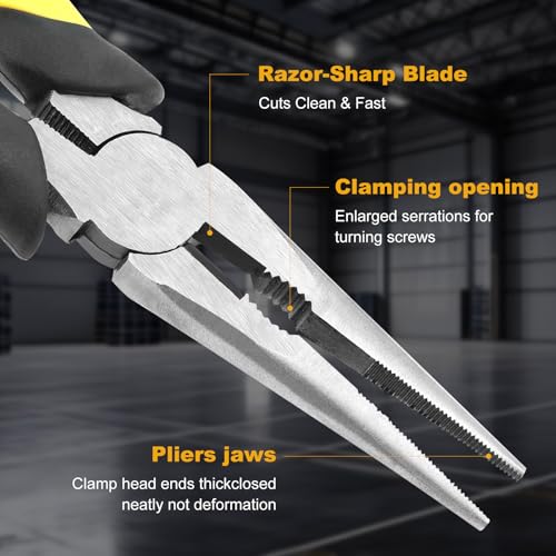 Premium 8-Inch Needle Nose Pliers, Heavy-Duty Steel Long Nose Cutting Pliers with Wire Cutter, Paper Clamp Precision, Anti-Slip Comfort Grip for Home, Fishing, Jewelry and Crafts