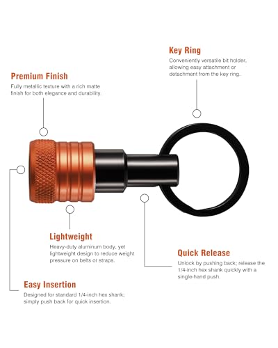 Bit Holder Keychain 12 Pcs, 1/4-Inch Hex Shank, Quick Release, Orange - color: Orange