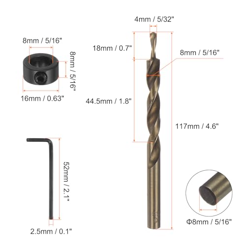 HARFINGTON 2pcs Pocket Hole Drill Bit 5/16" Dia 5/32" Tip Round Shank Replacement Twist Step Drill Bit with M8 Depth Stop Collar and Wrench for Woodworking - size: 5/32"