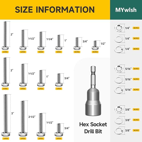Mywish 410PCS Stainless Steel Hex Head Nuts and Bolts Assortment Kit, 1/4-20 5/16-18 3/8-16, Assorted Screws, Washers, Bright Finish - size: 410 Pcs Mixed Size Kit - Bright