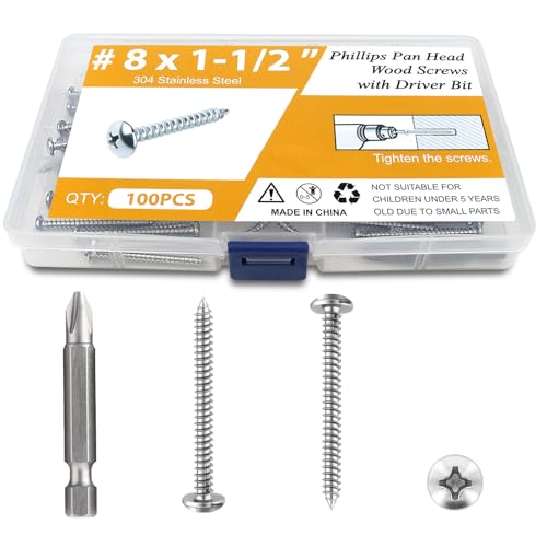 100PCS #8 x 1-1/2" Wood Screws, Pan Head Stainless Steel Sheet Metal Screws, Fast Self Tapping Screws for Deck Drywall Concrete Screws with Screwdriver Bit - style: Silver #8X1-1/2" Pan Head 100PCS